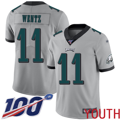 Youth Philadelphia Eagles #11 Carson Wentz Limited Silver Inverted Legend NFL Jersey 100th Season Football